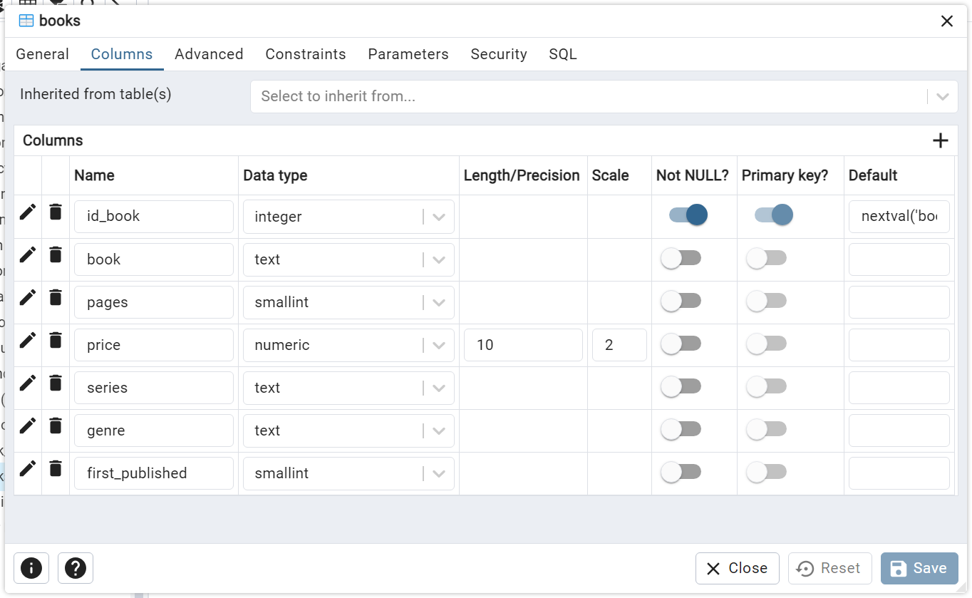 Create table tool in pgAdmin